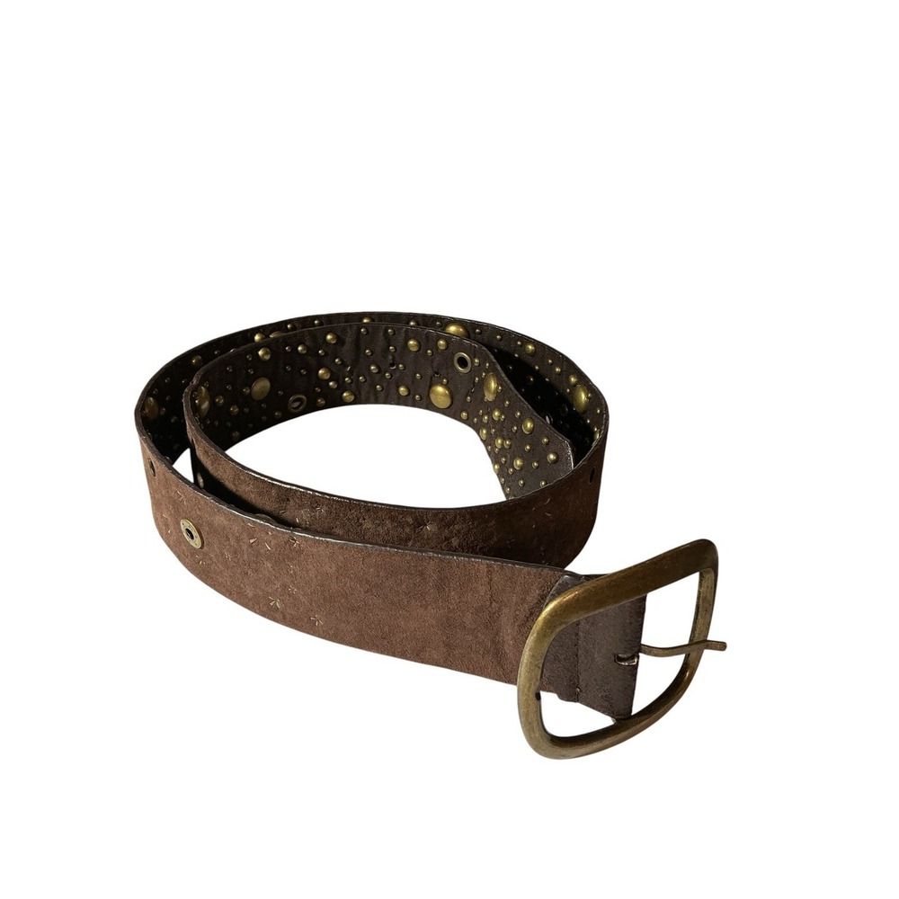 Vtg‎ Brown Leather Belt with Brass Rivets and Grommet  Design Boho Chic